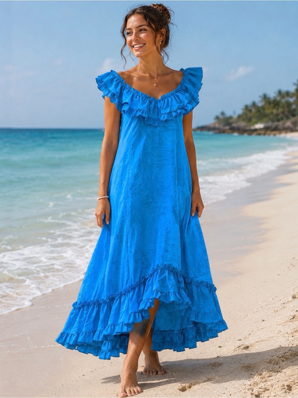 Vintage Hawaiian Bright Blue Ruffle V-Neck Maxi Dress